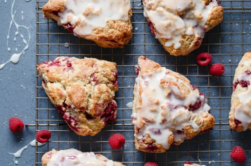 A top-down shot of several triangular Raspberry Lemon Scones, golden-brown and generously drizzled with a thick white lemon glaze, resting on a metal cooling rack. Fresh, vibrant raspberries are scattered around the scones. The scene is set on a light marble countertop with warm natural morning light and soft shadows. A hint of a wooden accent board is visible in the background, clean and tidy, 4:3 aspect ratio.