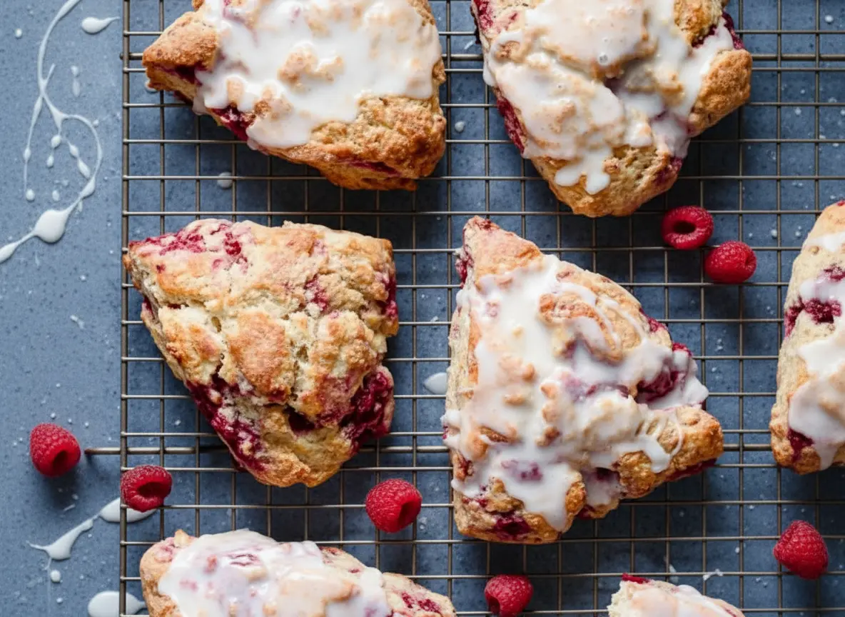 A top-down shot of several triangular Raspberry Lemon Scones, golden-brown and generously drizzled with a thick white lemon glaze, resting on a metal cooling rack. Fresh, vibrant raspberries are scattered around the scones. The scene is set on a light marble countertop with warm natural morning light and soft shadows. A hint of a wooden accent board is visible in the background, clean and tidy, 4:3 aspect ratio.