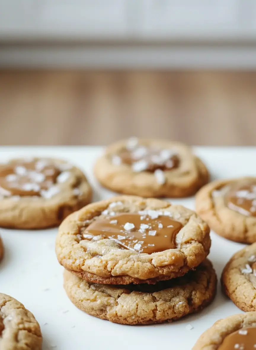 A close-up of several unbaked Salted Caramel Cookie dough balls on a parchment-lined baking sheet, each with a freshly pressed indentation in the center, ready for caramel. The texture of the dough and the readiness for baking are highlighted. The baking sheet rests on a wooden cutting board on a white marble countertop, illuminated by natural morning light. Soft shadows, warm tones, clean and tidy. (3:4 ratio)
