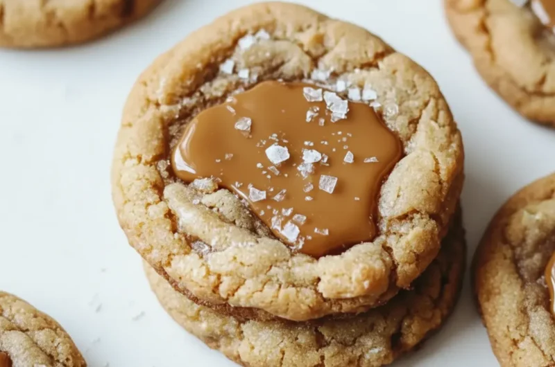 A hero shot of a stack of two perfectly baked golden-brown Salted Caramel Cookies, with crinkled edges, each featuring a well of glossy, light brown salted caramel sauce topped generously with coarse flaky sea salt. Other cookies are softly blurred in the background. The scene is lit by natural morning light from an east window, casting soft shadows on a clean white marble countertop with a subtle wood accent in the background. Warm tones, clean and tidy presentation. (4:3 ratio)
