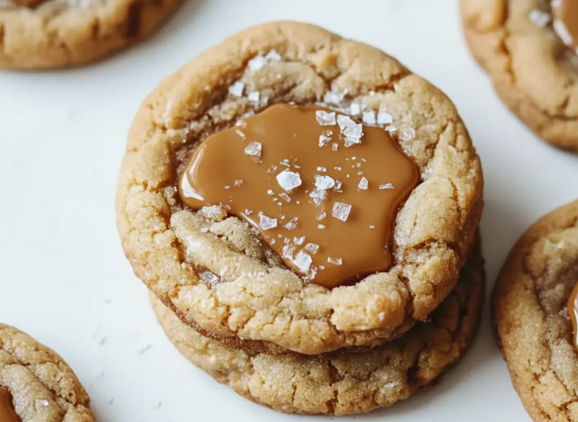 A hero shot of a stack of two perfectly baked golden-brown Salted Caramel Cookies, with crinkled edges, each featuring a well of glossy, light brown salted caramel sauce topped generously with coarse flaky sea salt. Other cookies are softly blurred in the background. The scene is lit by natural morning light from an east window, casting soft shadows on a clean white marble countertop with a subtle wood accent in the background. Warm tones, clean and tidy presentation. (4:3 ratio)