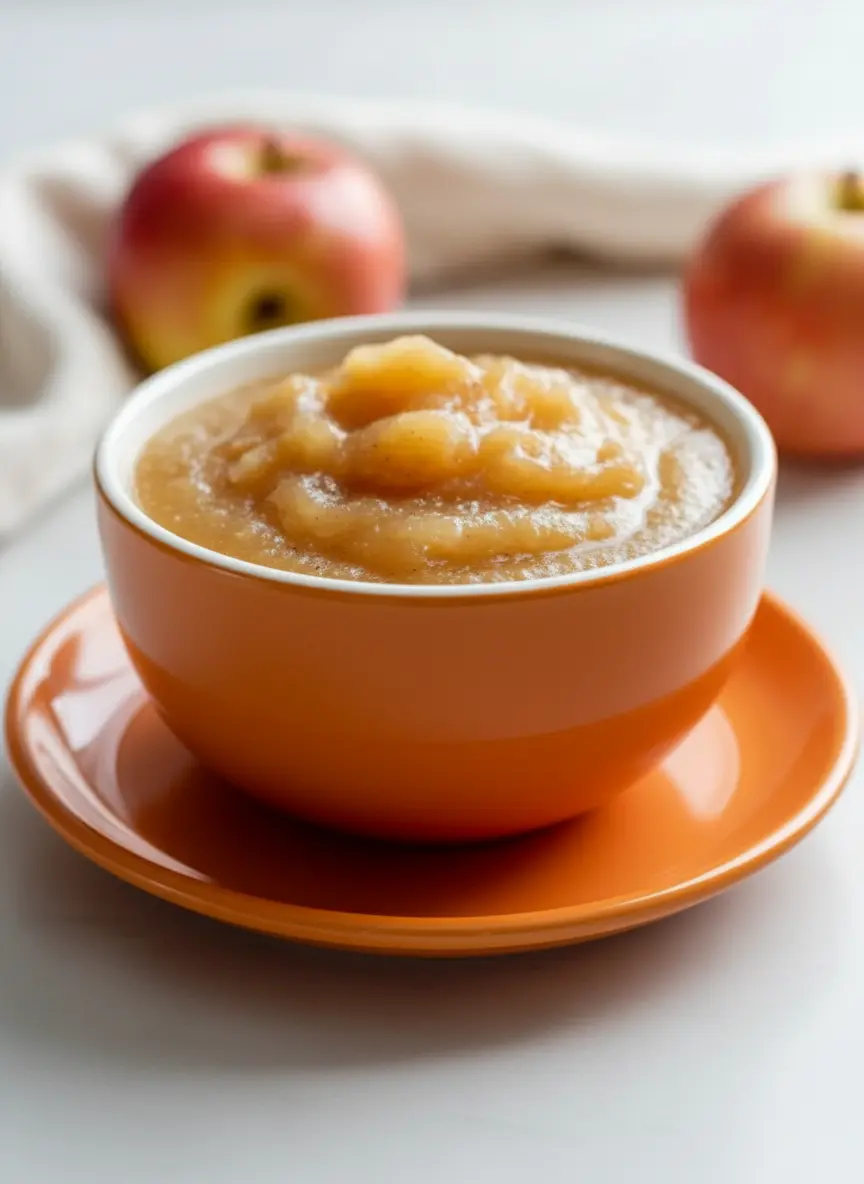 A stainless steel saucepan on a stovetop, gently simmering chopped apples with a light amount of steam rising. The apples are breaking down, showing their softening texture, with visible cinnamon specks. The shot captures the warmth and activity of the cooking process in a clean, tidy kitchen with a marble countertop. No hands or people.