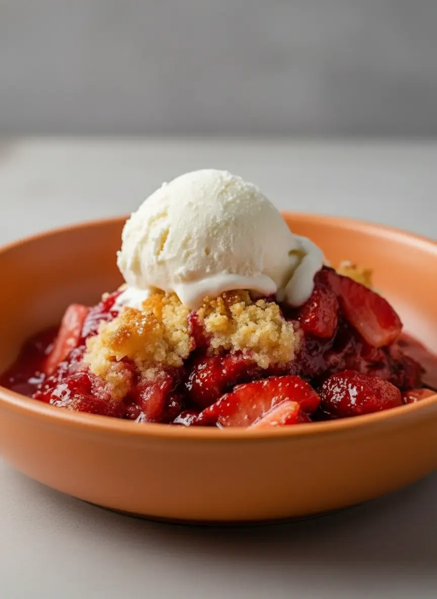 An unbaked strawberry cream cheese cobbler inside a ceramic baking dish on a marble countertop. Bright red strawberries and white cubes of cream cheese are scattered across smooth, light batter, with melted golden butter visible around the outer edges of the dish.
