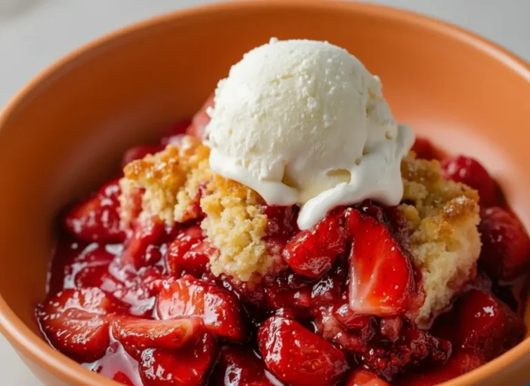 A close-up, high-angle shot of a warm strawberry cream cheese cobbler served in an earthy terracotta ceramic bowl on a clean white marble countertop. The dessert features a glossy, bubbling deep red strawberry base, golden-brown cobbler crust peaks, and a single, perfectly round scoop of white vanilla ice cream slowly melting down the side. Natural morning light from an east window casts soft shadows over a clean wooden cutting board in the background.
