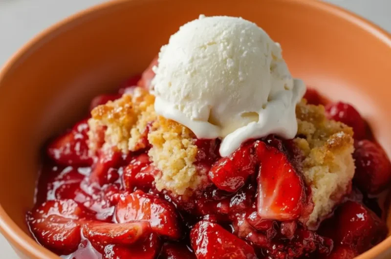 A close-up, high-angle shot of a warm strawberry cream cheese cobbler served in an earthy terracotta ceramic bowl on a clean white marble countertop. The dessert features a glossy, bubbling deep red strawberry base, golden-brown cobbler crust peaks, and a single, perfectly round scoop of white vanilla ice cream slowly melting down the side. Natural morning light from an east window casts soft shadows over a clean wooden cutting board in the background.