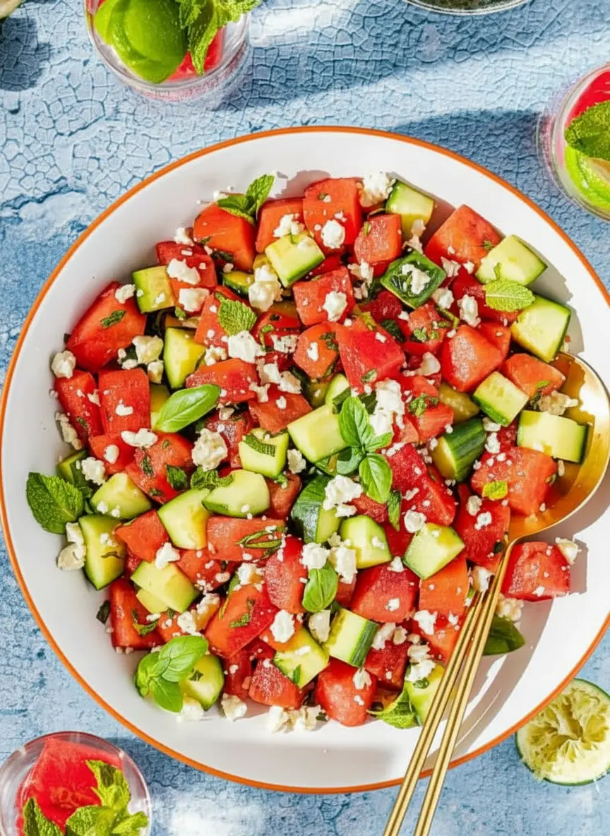 Ingredients for watermelon cucumber salad neatly arranged on a natural wooden cutting board: separate piles of diced watermelon, cucumber chunks, crumbled feta cheese, and fresh sprigs of mint and basil. A small ceramic bowl holds the whisked lime dressing. The setup is on a marble countertop under natural morning light, with soft shadows and warm tones, reflecting a clean and tidy kitchen. (3:4 ratio)