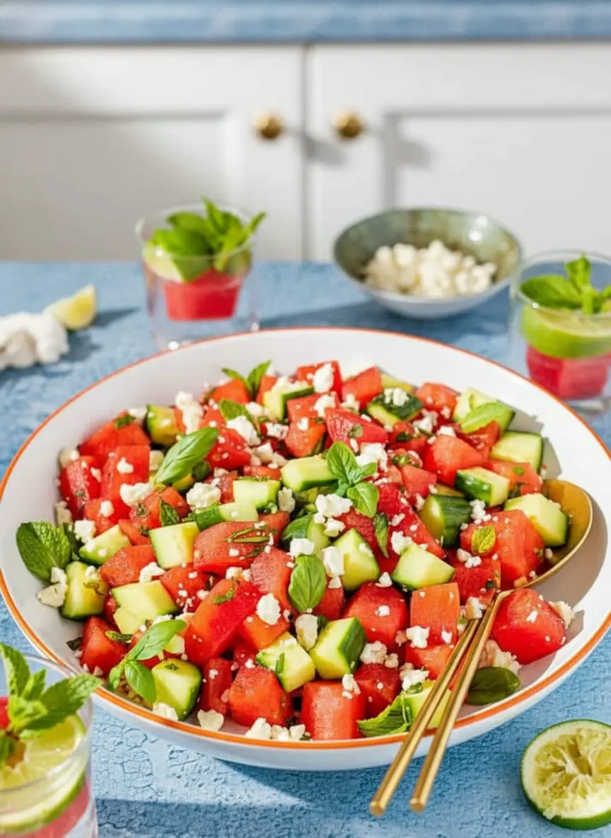 A close-up action shot of diced watermelon and cucumber being gently tossed together in a large minimalist white ceramic bowl using a golden spoon. The ingredients are in motion, showing the initial mixing process before feta and herbs are fully incorporated. The scene is on a marble countertop, illuminated by natural morning light, with soft shadows and warm tones. (3:4 ratio)