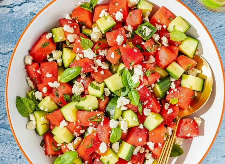 A vibrant and refreshing watermelon cucumber salad in a minimalist white ceramic bowl with a subtle orange rim, featuring bright red watermelon cubes, crisp green cucumber chunks, generous crumbles of white feta cheese, and fresh green mint and basil leaves scattered throughout. A golden spoon is resting within the bowl. The scene is set on a marble countertop with soft shadows and warm tones, bathed in natural morning light from an east window. A wooden accent is subtly visible in the background, with fresh herbs peeking into the frame. The presentation is clean and tidy. (4:3 ratio)