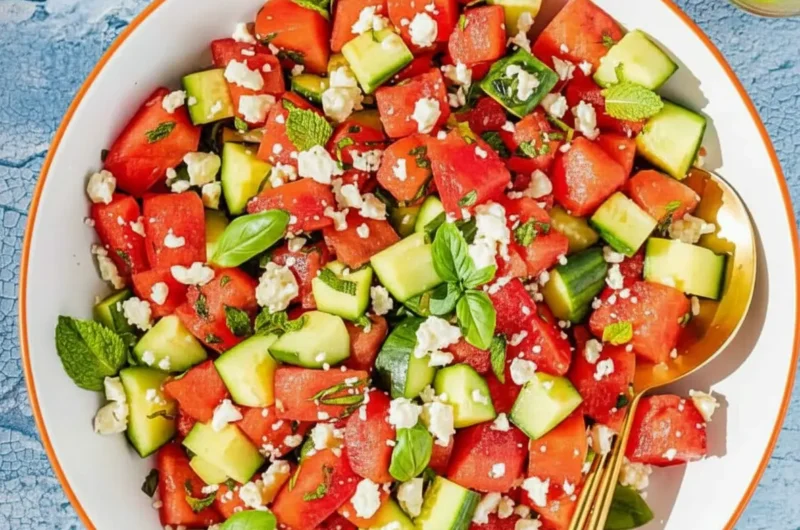 A vibrant and refreshing watermelon cucumber salad in a minimalist white ceramic bowl with a subtle orange rim, featuring bright red watermelon cubes, crisp green cucumber chunks, generous crumbles of white feta cheese, and fresh green mint and basil leaves scattered throughout. A golden spoon is resting within the bowl. The scene is set on a marble countertop with soft shadows and warm tones, bathed in natural morning light from an east window. A wooden accent is subtly visible in the background, with fresh herbs peeking into the frame. The presentation is clean and tidy. (4:3 ratio)