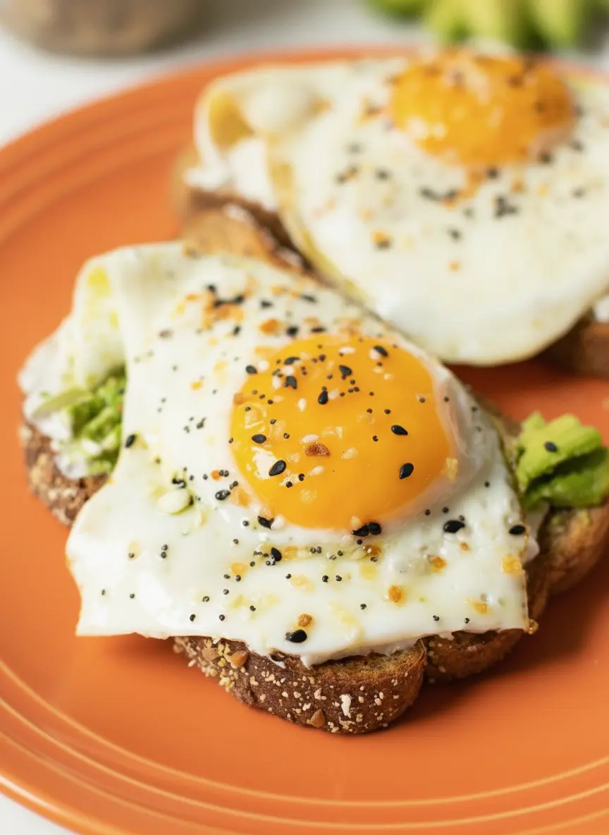 A 3:4 vertical shot focusing on the ingredients for 10-Minute Avocado Egg Toast. A ripe, halved avocado with the pit removed and slices of thick, seedy multigrain bread are arranged on a signature worn wooden cutting board. A small bowl of everything bagel seasoning and a lemon half sit nearby. The scene is bathed in warm, natural morning light on a marble surface.