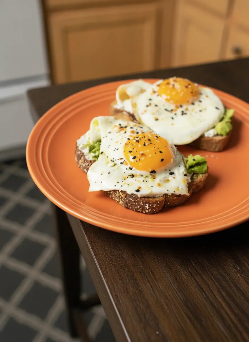 A 3:4 process shot of two eggs frying in a cast iron skillet for 10-Minute Avocado Egg Toast. The whites are perfectly set and opaque, while the yolks are bright orange and glossy. Soft steam is rising from the pan. The skillet is positioned on a clean stove next to a marble counter, with the wooden handle of a spatula visible in the corner. Warm, clean aesthetic.