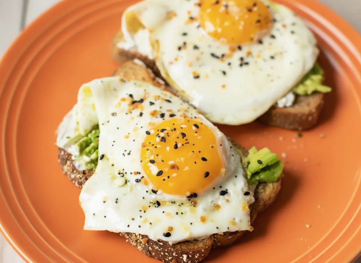 A high-angle 4:3 shot of two slices of 10-Minute Avocado Egg Toast on a minimalist white ceramic plate. The toast is dark, seedy multigrain bread topped with thick mashed green avocado and two perfectly fried sunny-side-up eggs with bright orange runny yolks. The eggs are generously sprinkled with black and white everything bagel seasoning and red pepper flakes. The plate sits on a white marble countertop with a soft morning light coming from the side, creating gentle shadows. A small sprig of fresh cilantro is visible in the soft-focus background.