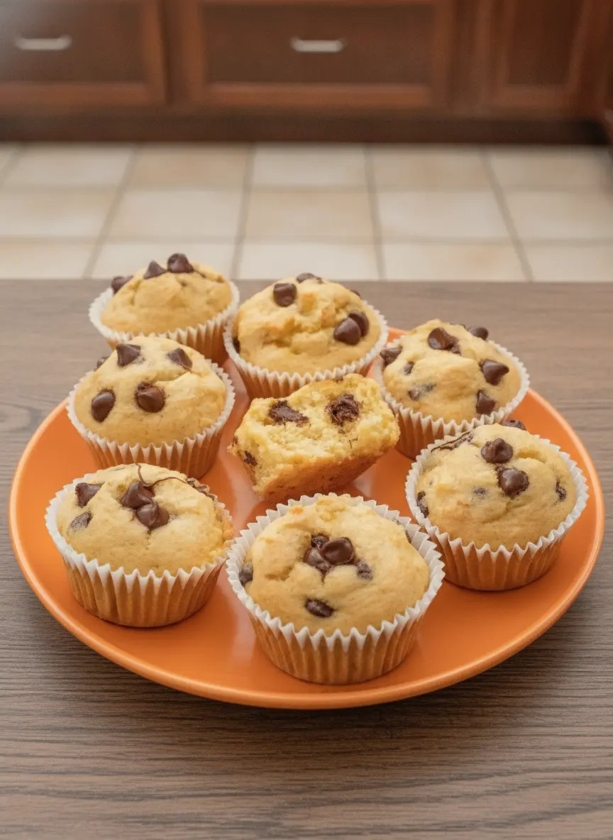 A technique-focused shot of a white ceramic bowl containing thick golden muffin batter. Large dark chocolate chips are being folded into the mixture. The batter has a visible texture from the mashed bananas. The bowl is set against the white marble countertop with soft warm tones and clean presentation. No hands are visible, only the bowl and a wooden spoon resting inside.