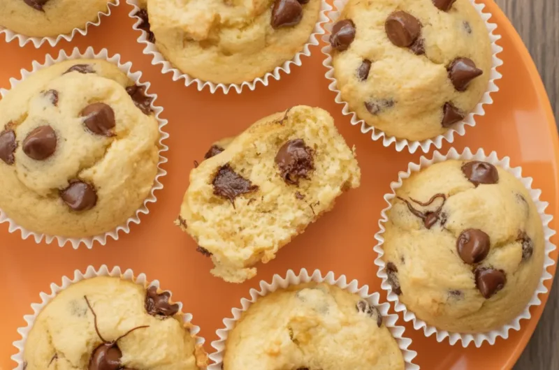 A hero shot of several 3-Ingredient Banana Chocolate Chip Muffins arranged on a minimalist white ceramic plate. The muffins are golden-yellow with large dark chocolate chips visible on the domed tops. They are nestled in white fluted paper liners. The plate sits on a white marble countertop with a weathered wooden cutting board partially visible in the corner. Soft morning light from an east window creates gentle shadows and highlights the moist texture of the muffins. No people or hands are present.