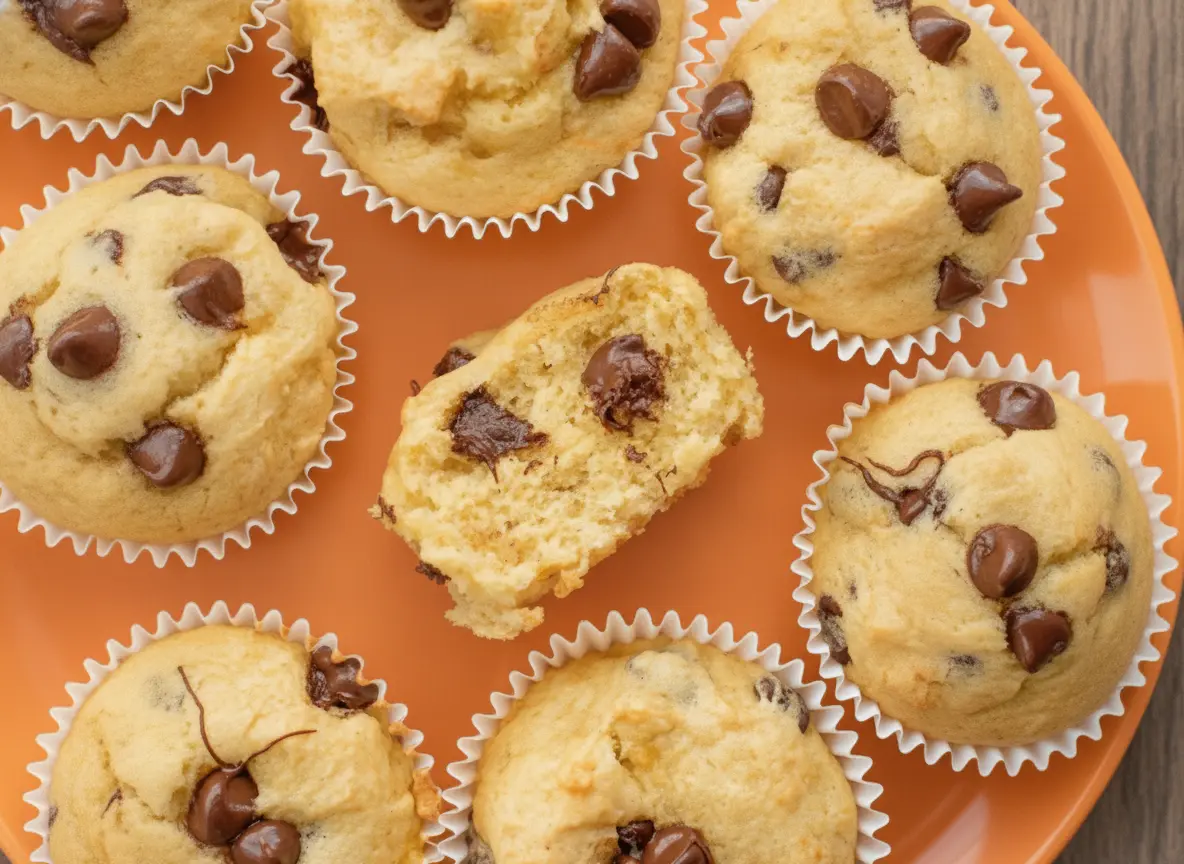 A hero shot of several 3-Ingredient Banana Chocolate Chip Muffins arranged on a minimalist white ceramic plate. The muffins are golden-yellow with large dark chocolate chips visible on the domed tops. They are nestled in white fluted paper liners. The plate sits on a white marble countertop with a weathered wooden cutting board partially visible in the corner. Soft morning light from an east window creates gentle shadows and highlights the moist texture of the muffins. No people or hands are present.