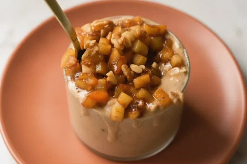 A hero shot of Apple Pie Overnight Oats in a minimalist glass jar on a marble countertop. The oats are a creamy light brown color, topped with a generous pile of sautéed diced apples glistening with cinnamon syrup and crushed walnuts. A thick drip of maple syrup runs down the outside of the glass. A gold spoon is placed inside the jar. Soft, warm morning light from an east window creates gentle shadows. No people or hands.
