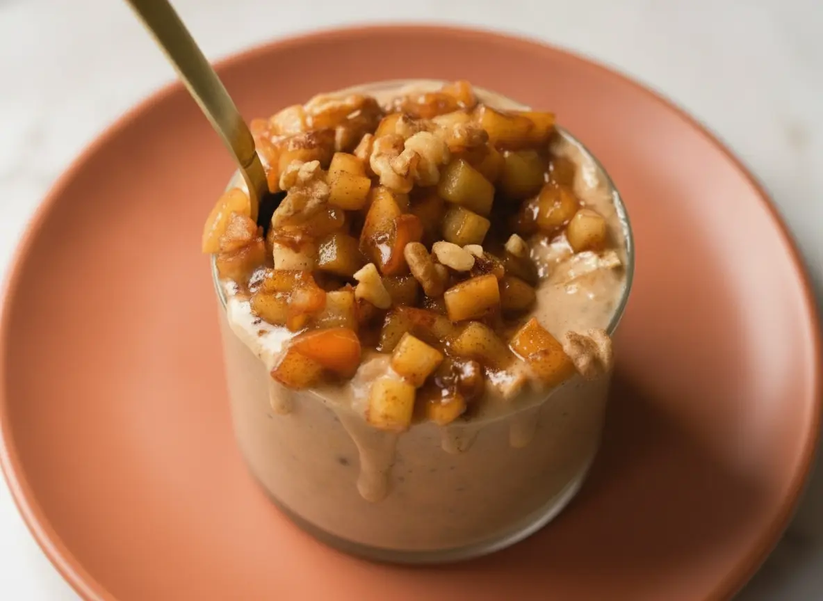 A hero shot of Apple Pie Overnight Oats in a minimalist glass jar on a marble countertop. The oats are a creamy light brown color, topped with a generous pile of sautéed diced apples glistening with cinnamon syrup and crushed walnuts. A thick drip of maple syrup runs down the outside of the glass. A gold spoon is placed inside the jar. Soft, warm morning light from an east window creates gentle shadows. No people or hands.