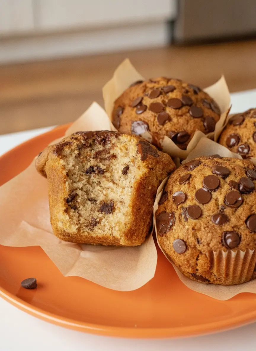 A process shot of a dark metal muffin tin. The 12 cavities are lined with tall, tan tulip-style parchment paper. The liners are filled almost to the top with thick banana muffin batter, and each one is generously topped with unbaked semi-sweet chocolate chips. The scene is shot from a 45-degree angle on a marble surface with a wooden cutting board in the background.