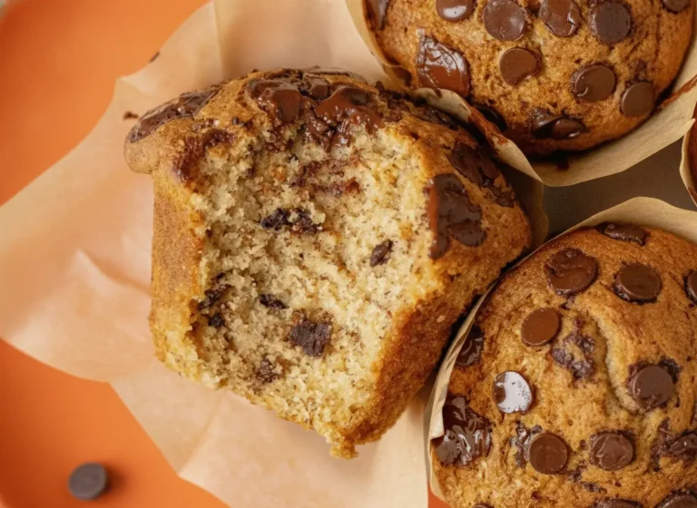 A hero shot of three Bakery-Style Banana Chocolate Chip Muffins with tall, high-domed tops and golden-brown crusts. Each muffin is wrapped in a tall, brown tulip-style parchment liner. Numerous semi-sweet chocolate chips are visible on the tops. The muffins are arranged on a minimalist white ceramic plate which sits on a white marble countertop with soft morning light from an east window creating gentle shadows. Fresh mint is visible in the background.