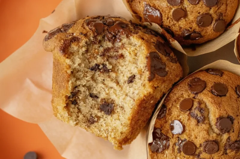 A hero shot of three Bakery-Style Banana Chocolate Chip Muffins with tall, high-domed tops and golden-brown crusts. Each muffin is wrapped in a tall, brown tulip-style parchment liner. Numerous semi-sweet chocolate chips are visible on the tops. The muffins are arranged on a minimalist white ceramic plate which sits on a white marble countertop with soft morning light from an east window creating gentle shadows. Fresh mint is visible in the background.