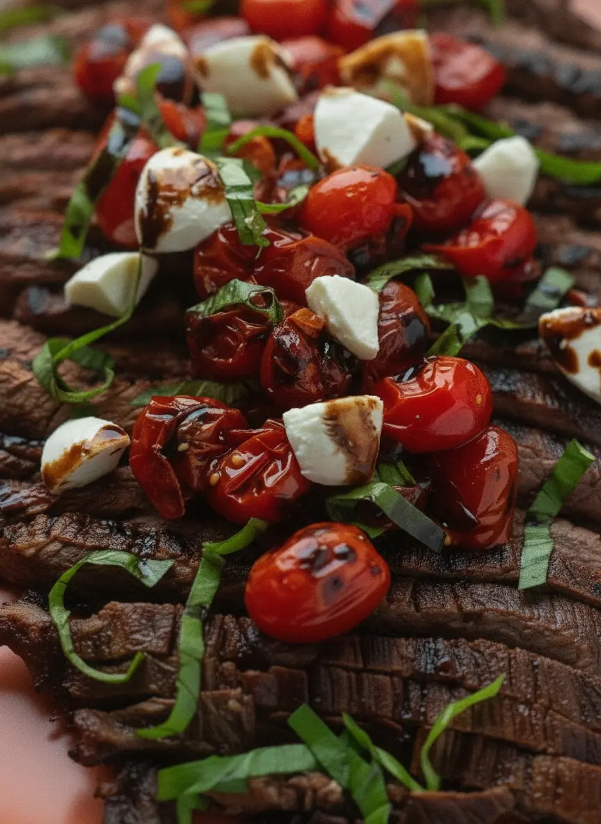 Top-down view of the ingredients for Balsamic Grilled Flank Steak Caprese on a marble surface. A raw flank steak, a small ceramic bowl of balsamic vinegar, a bunch of fresh basil, a container of mozzarella pearls, and bright red cherry tomatoes are neatly organized. Natural light from an east-facing window, 3:4 ratio.