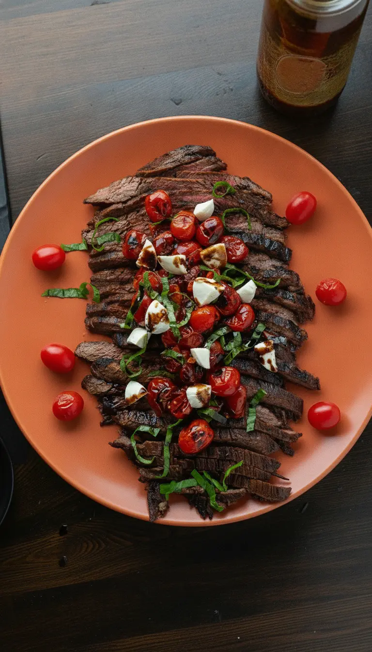 A technique shot of the flank steak being seared in a hot grill pan on a stove. The meat has dark, defined grill marks and a rich brown crust. A wooden spatula rests on the side of the marble counter. Warm tones and soft steam rising, 3:4 ratio.