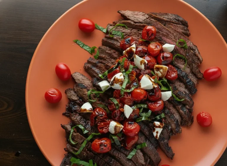 A hero shot of thinly sliced Balsamic Grilled Flank Steak Caprese arranged on a matte terra cotta orange plate. The steak is topped with blistered red cherry tomatoes, white mozzarella pearls, and vibrant green basil ribbons, all drizzled with a thick dark balsamic glaze. The plate sits on a white marble countertop with a wooden cutting board nearby. Natural morning light streams in from the side, creating soft shadows. Minimalist and clean presentation, 4:3 ratio.