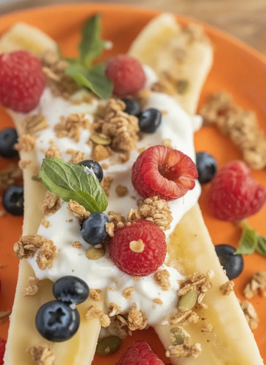 Close-up of the ingredients for Banana Split With Berries and Greek Yogurt. Two whole yellow bananas, a ceramic bowl of granola with pumpkin seeds, and a bowl of fresh mixed berries on a marble surface. The wooden cutting board is partially visible in the corner. Clean, minimalist aesthetic with soft morning light.