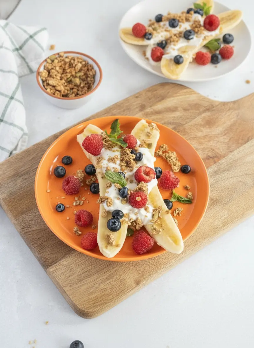 A process shot of the Banana Split With Berries and Greek Yogurt. A white plate shows two banana halves arranged in a cross shape with a generous, thick dollop of white Greek yogurt being centered on top. No hands visible. Fresh mint leaves and berries are placed neatly to the side on the marble counter.