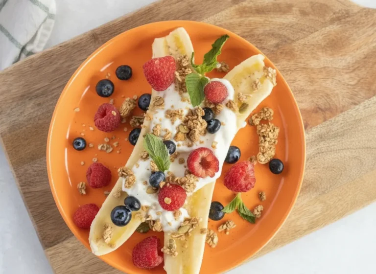 A high-angle hero shot of a Banana Split With Berries and Greek Yogurt. Two white plates on a wooden cutting board which sits on a white marble countertop. One plate has bananas in an X-shape, topped with thick white Greek yogurt, bright red raspberries, and dark blue blueberries. A small ceramic bowl of granola with pumpkin seeds sits nearby. Natural morning light from an east window creates soft shadows and a warm glow. Fresh mint sprigs are scattered artistically.