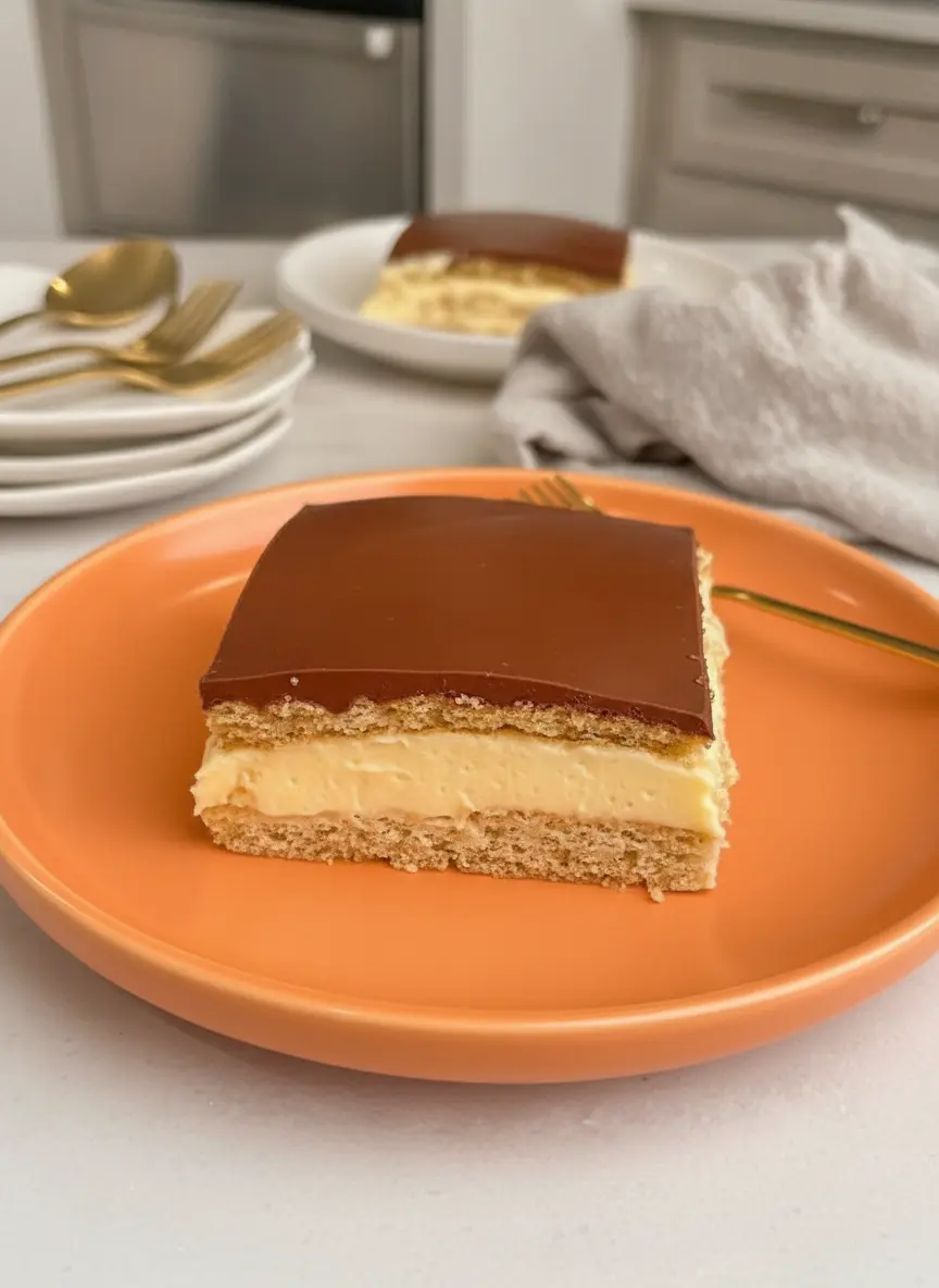 A process focus shot showing a glass 9x13 baking dish halfway assembled. A layer of graham crackers is visible through the glass, topped with a thick, smooth layer of yellow vanilla cream. An offset spatula rests on the wooden cutting board next to the dish. The background features a clean marble surface and a sprig of fresh mint in a small white vase. No hands, no people.