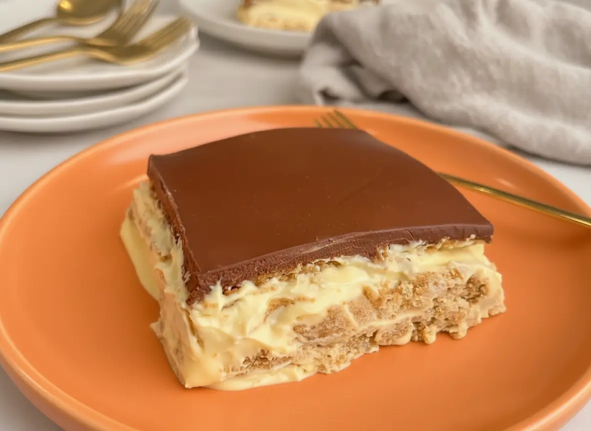 A hero shot of a single square slice of No-Bake Eclair Cake served on a minimalist white ceramic plate. The cake shows distinct layers of softened golden-brown graham crackers and thick, pale yellow vanilla cream. The top is covered in a smooth, dark brown, semi-matte chocolate glaze. A gold fork rests beside the plate on a white marble countertop. Natural morning light creates soft shadows. In the background, a soft grey linen napkin and a hint of a wooden cutting board are visible. No hands, no people.