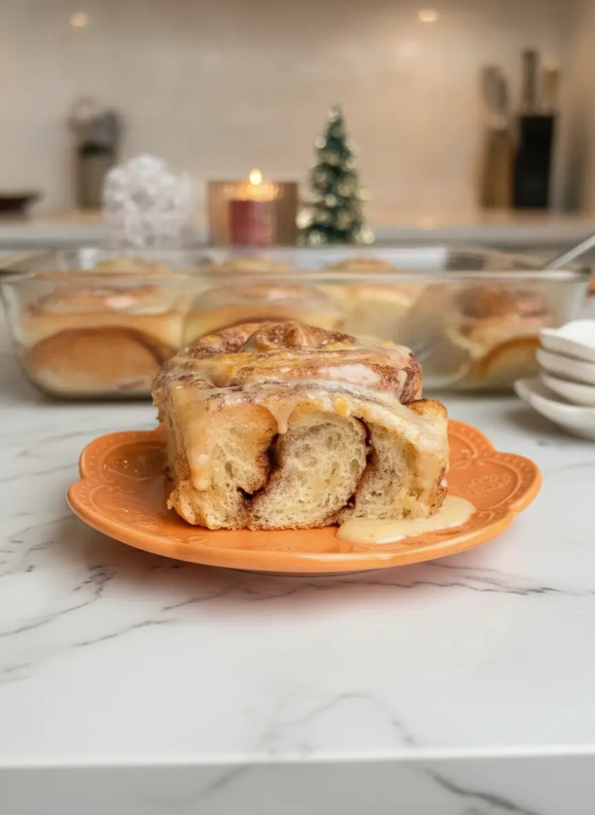 A technique focus shot showing the process of rolling the Orange Cinnamon Roll dough. A large rectangle of pale dough is spread with dark brown cinnamon sugar and bright orange zest. The dough is being rolled into a tight cylinder on a marble surface. No hands visible. 3:4 aspect ratio.