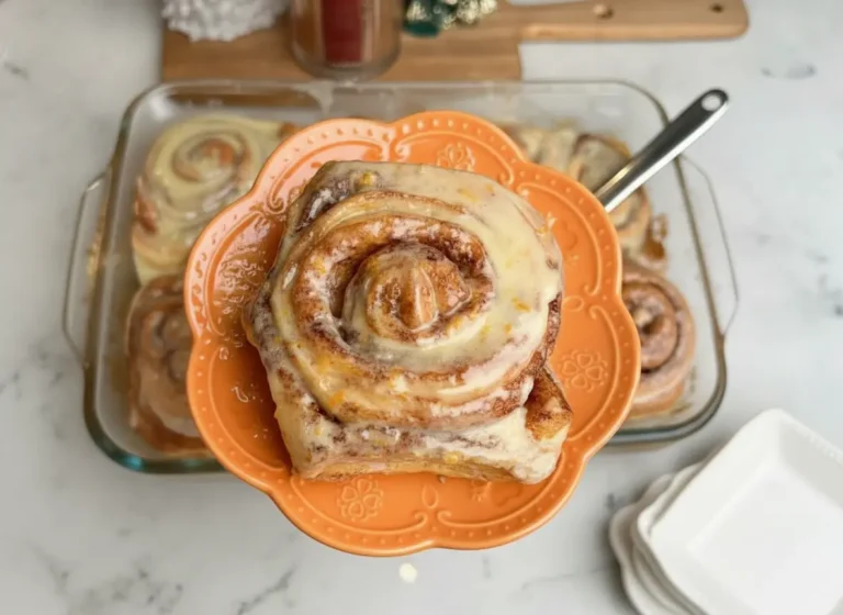 A hero shot of a single Orange Cinnamon Roll on a minimalist white scalloped ceramic plate. The roll features tight swirls of dough and dark cinnamon filling, completely covered in a thick, glossy white cream cheese glaze with visible orange zest flecks. The plate sits on a white marble countertop with soft morning light from the east. In the blurred background, a wooden cutting board holds a flickering candle and small gold Christmas tree decor. 4:3 aspect ratio, warm tones, high detail.