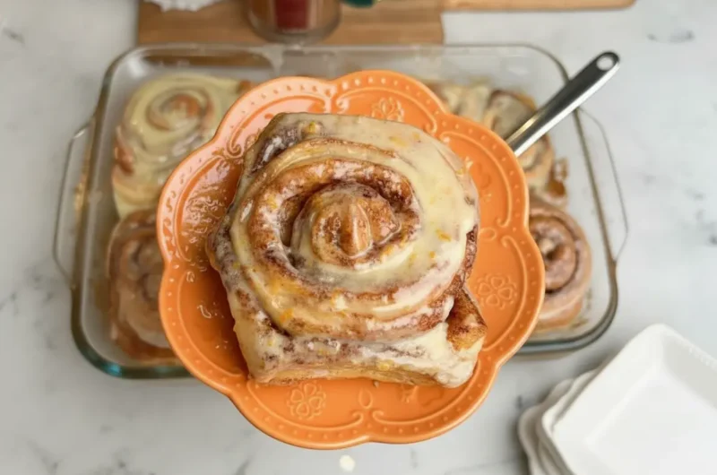 A hero shot of a single Orange Cinnamon Roll on a minimalist white scalloped ceramic plate. The roll features tight swirls of dough and dark cinnamon filling, completely covered in a thick, glossy white cream cheese glaze with visible orange zest flecks. The plate sits on a white marble countertop with soft morning light from the east. In the blurred background, a wooden cutting board holds a flickering candle and small gold Christmas tree decor. 4:3 aspect ratio, warm tones, high detail.