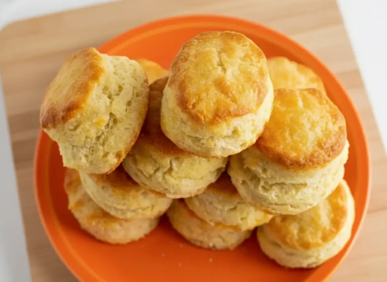 A tall, majestic stack of eight golden-brown biscuits, exactly like the inspiration photo, featuring distinct flaky layers and craggy, rustic tops. The biscuits are arranged on a clean marble countertop in a bright kitchen with soft morning light. In the background, a small ceramic bowl of flour and a sprig of fresh rosemary are softly blurred. Warm tones and clean, minimalist presentation.