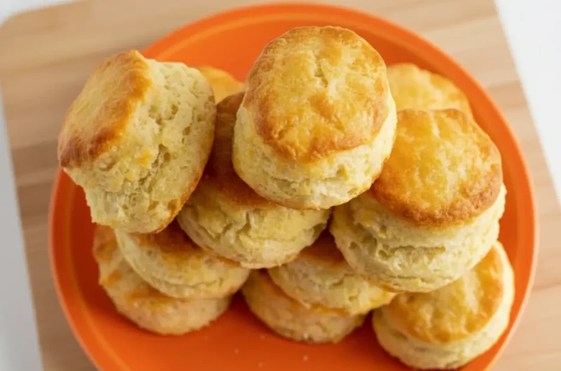 A tall, majestic stack of eight golden-brown biscuits, exactly like the inspiration photo, featuring distinct flaky layers and craggy, rustic tops. The biscuits are arranged on a clean marble countertop in a bright kitchen with soft morning light. In the background, a small ceramic bowl of flour and a sprig of fresh rosemary are softly blurred. Warm tones and clean, minimalist presentation.