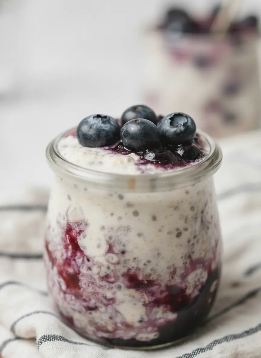 A flat lay of ingredients for Blueberry Cheesecake Overnight Oats on a rustic wooden cutting board: a bowl of rolled oats, a small dish of chia seeds, a fresh lemon with a zester, and a ceramic bowl of bright blue blueberries. Marble countertop background.