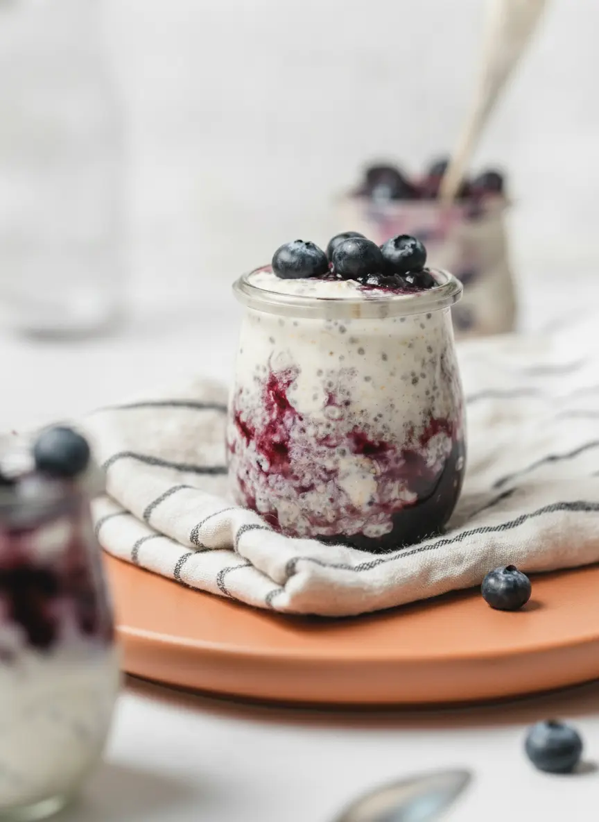 A close-up action shot of the blueberry compote being swirled into the creamy white oat mixture in a glass jar. The vibrant purple streaks of fruit create a beautiful contrast against the white yogurt base. No hands visible, soft focus on the kitchen background.