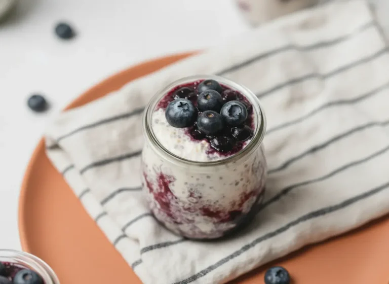 A wide-angle hero shot of three glass jars filled with Blueberry Cheesecake Overnight Oats, featuring distinct purple blueberry swirls and creamy white layers. The jars are topped with fresh blueberries and sit on a white marble countertop. Soft morning light streams in from the side, casting gentle shadows. A striped linen towel and two silver spoons are placed nearby, with a wooden cutting board and a small pot of mint in the blurred background.