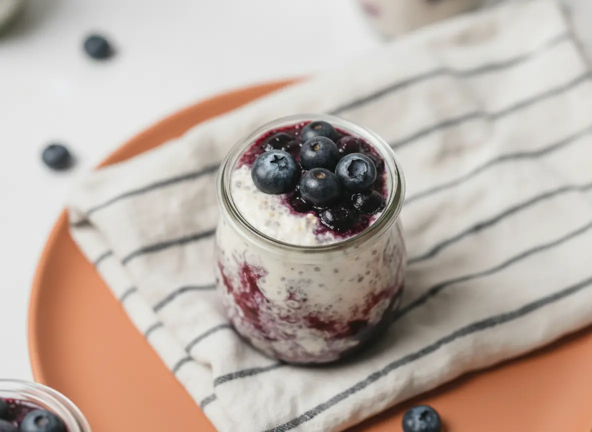 A wide-angle hero shot of three glass jars filled with Blueberry Cheesecake Overnight Oats, featuring distinct purple blueberry swirls and creamy white layers. The jars are topped with fresh blueberries and sit on a white marble countertop. Soft morning light streams in from the side, casting gentle shadows. A striped linen towel and two silver spoons are placed nearby, with a wooden cutting board and a small pot of mint in the blurred background.