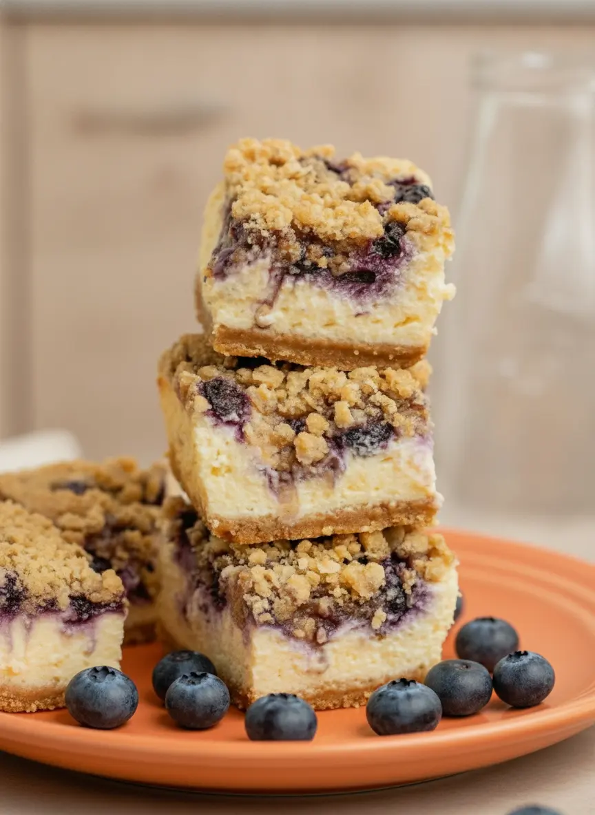 A process focus shot showing the Blueberry Crumble Cheesecake Bars in an 8x8 square baking pan lined with parchment paper. The bars are mid-assembly, with the creamy cheesecake layer partially covered by a thick layer of fresh blueberries and mounds of unbaked buttery crumble. The pan sits on a marble surface next to a dusting of flour. No hands or people.