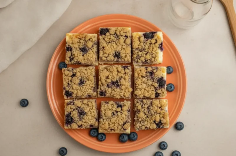 A hero shot of a vertical stack of three thick Blueberry Crumble Cheesecake Bars. The bars show a distinct golden graham cracker crust, a thick creamy off-white cheesecake layer, a vibrant deep purple blueberry layer, and a chunky golden-brown crumble topping. The stack sits on a white ceramic plate over a marble countertop. Natural morning light from an east window creates soft shadows. Fresh blueberries and a sprig of mint are scattered nearby on a wooden cutting board. No hands or people.