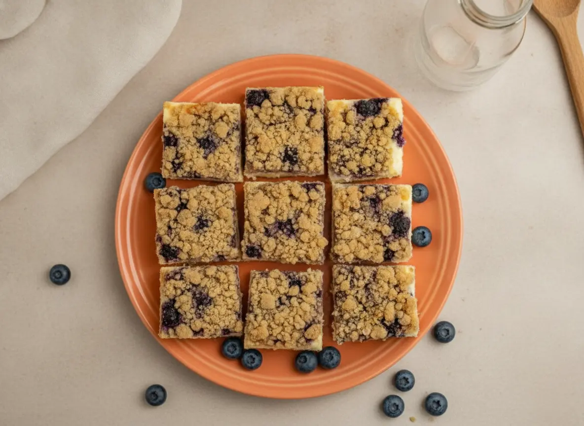 A hero shot of a vertical stack of three thick Blueberry Crumble Cheesecake Bars. The bars show a distinct golden graham cracker crust, a thick creamy off-white cheesecake layer, a vibrant deep purple blueberry layer, and a chunky golden-brown crumble topping. The stack sits on a white ceramic plate over a marble countertop. Natural morning light from an east window creates soft shadows. Fresh blueberries and a sprig of mint are scattered nearby on a wooden cutting board. No hands or people.