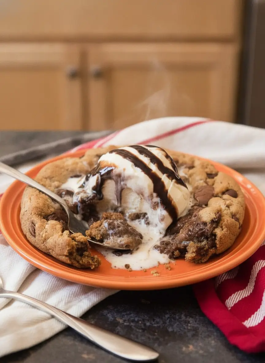 A process shot showing the thick, speckled cookie dough being pressed into a 6-inch cast iron skillet. Large chocolate chunks are visible on the surface of the raw dough. The skillet is positioned on a wooden trivet on a marble surface. No hands are visible. 3:4 aspect ratio.