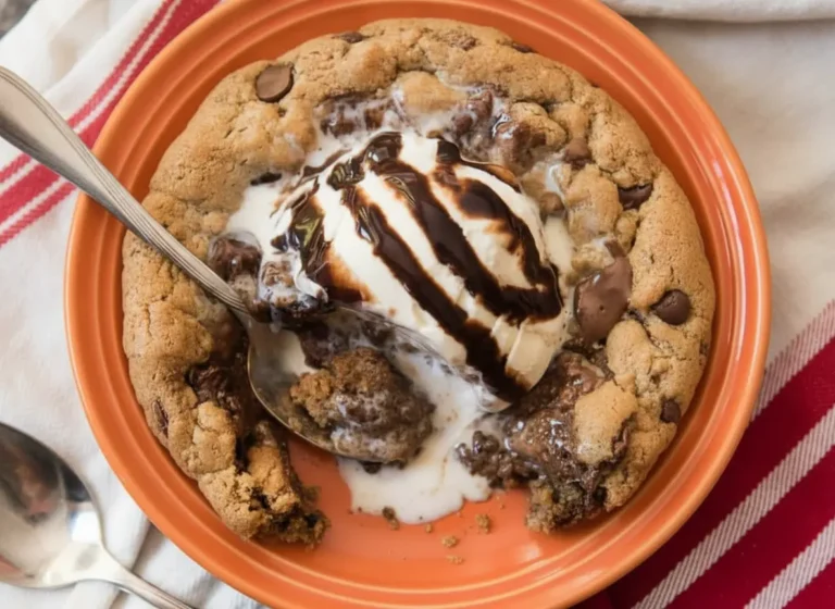 A hero shot of a golden-brown chocolate chip cookie inside a small black cast iron skillet. A large, perfectly round scoop of vanilla ice cream is melting on top, with thick dark chocolate syrup drizzled over it and pooling into the cookie's crevices. The skillet is resting on a clean white marble countertop. In the background, a soft-focus wooden cutting board and a small sprig of fresh mint are visible. Natural morning light creates soft shadows and highlights the glistening chocolate. 4:3 aspect ratio.