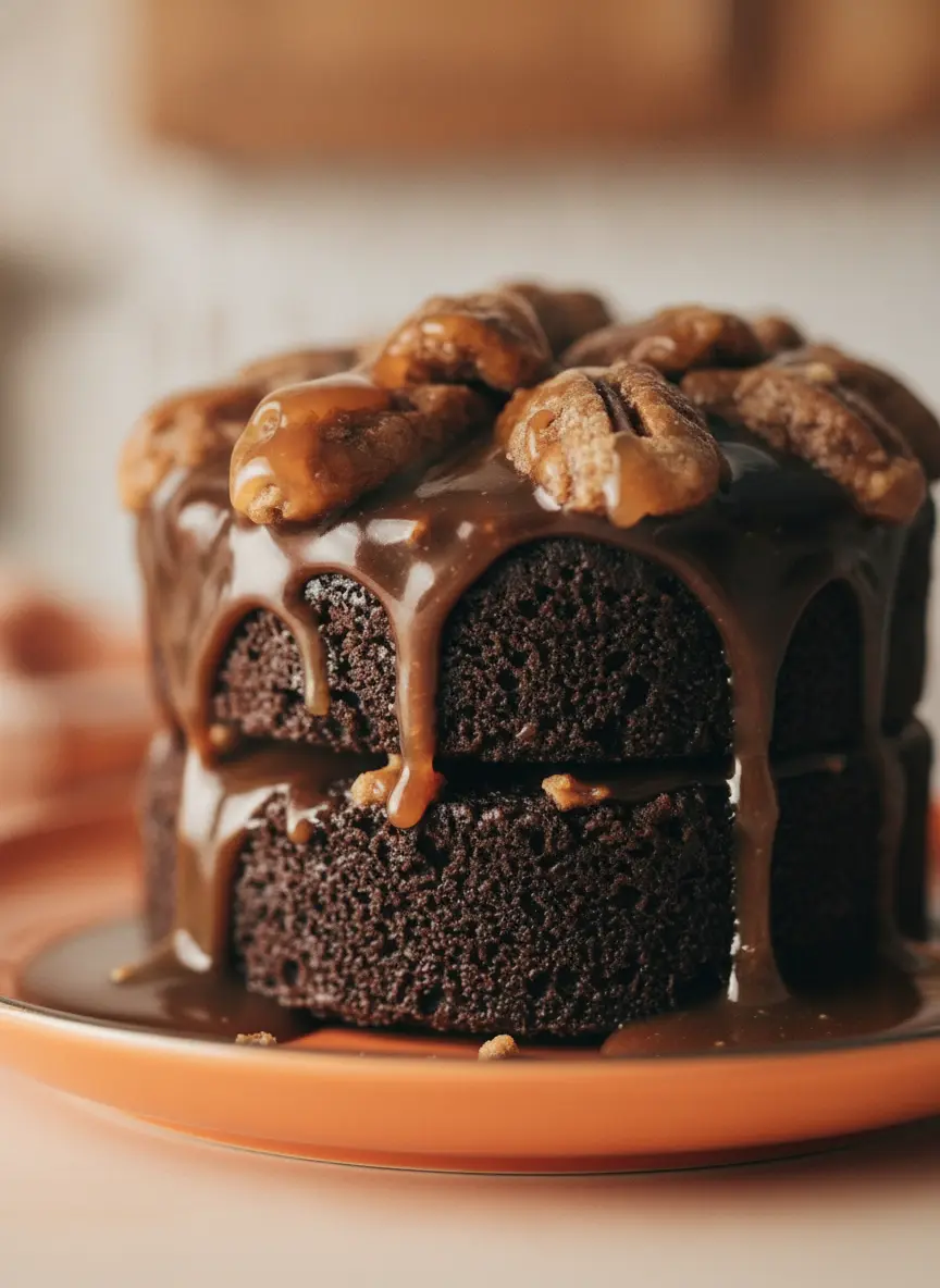 A process shot focusing on the technique of pouring ganache. A thick, glossy dark chocolate espresso ganache is being poured from a small ceramic pitcher onto the top of a stacked mini cake. The ganache is halfway down the side of the cake, showing a slow, viscous drip. No hands are visible. The background shows a clean kitchen with white walls and soft morning shadows.