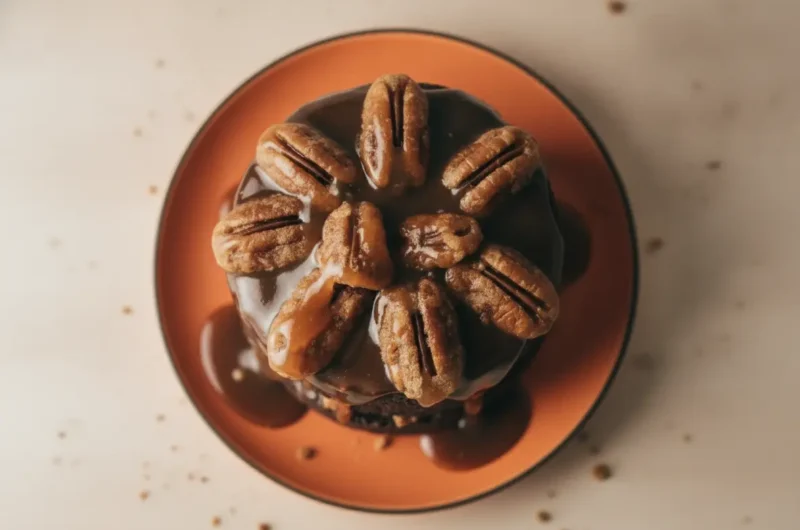 A hero shot of a two-layer mini chocolate cake on a white ceramic plate, placed on a marble countertop. The cake is drenched in a glossy, dark chocolate ganache that is slowly dripping down the sides. The top is piled high with large, toasted pecan halves coated in a thick, amber-colored caramel sauce. Soft morning light from an east window illuminates the scene, creating warm tones and gentle shadows. Fresh mint is visible in the soft-focus background next to a wooden cutting board.