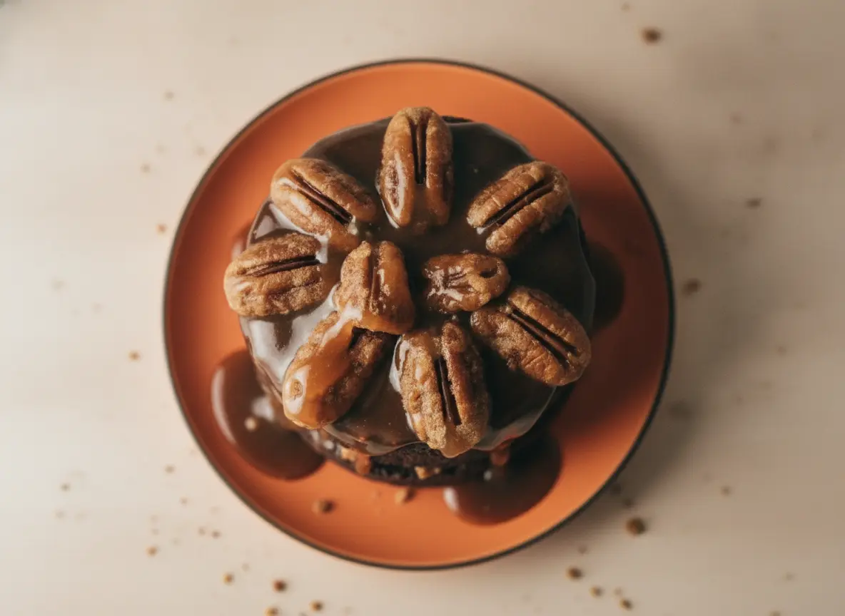 A hero shot of a two-layer mini chocolate cake on a white ceramic plate, placed on a marble countertop. The cake is drenched in a glossy, dark chocolate ganache that is slowly dripping down the sides. The top is piled high with large, toasted pecan halves coated in a thick, amber-colored caramel sauce. Soft morning light from an east window illuminates the scene, creating warm tones and gentle shadows. Fresh mint is visible in the soft-focus background next to a wooden cutting board.