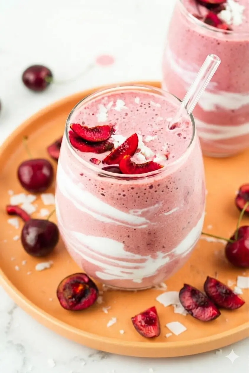 A top-down 3:4 shot of ingredients for a Cherry Cottage Cheese Smoothie. A bowl of frozen dark cherries, a ceramic container of cottage cheese, and a small wooden bowl of shredded coconut are arranged on a marble surface. Soft shadows and natural lighting highlight the textures of the fruit and cheese.
